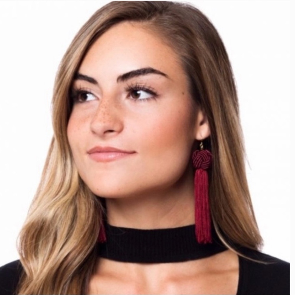 Vanessa Mooney Astrid knotted Burgundy Tassel Earrings